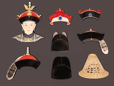 Traditional Chinese Hat Hanging Ornaments Featuring Red Black Straw And Feather Designs 3d model