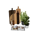 Stylish Decorative Ornament Set With Wooden Boards Pepper Grinders Potted Plants And Open Book