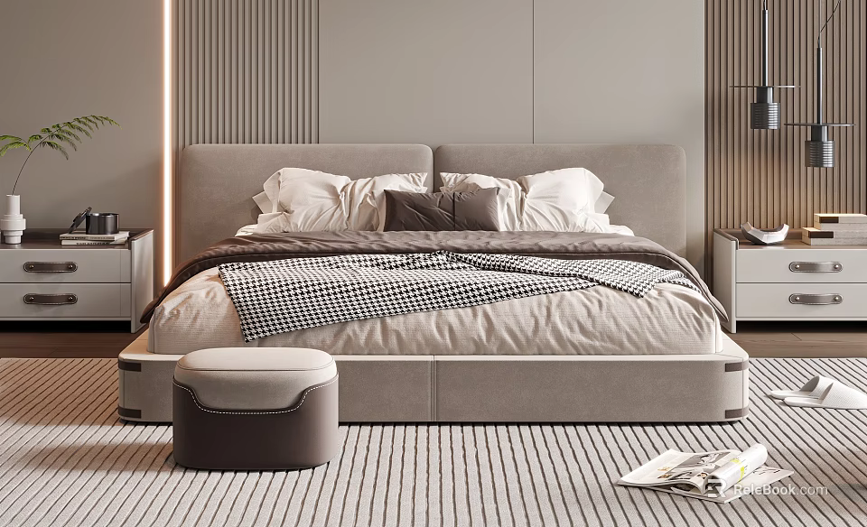 Modern Upholstered Double Bed With Multiple Pillows Striped Rug And Ottoman 3d model 