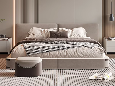 Modern Upholstered Double Bed With Multiple Pillows Striped Rug And Ottoman 3d model