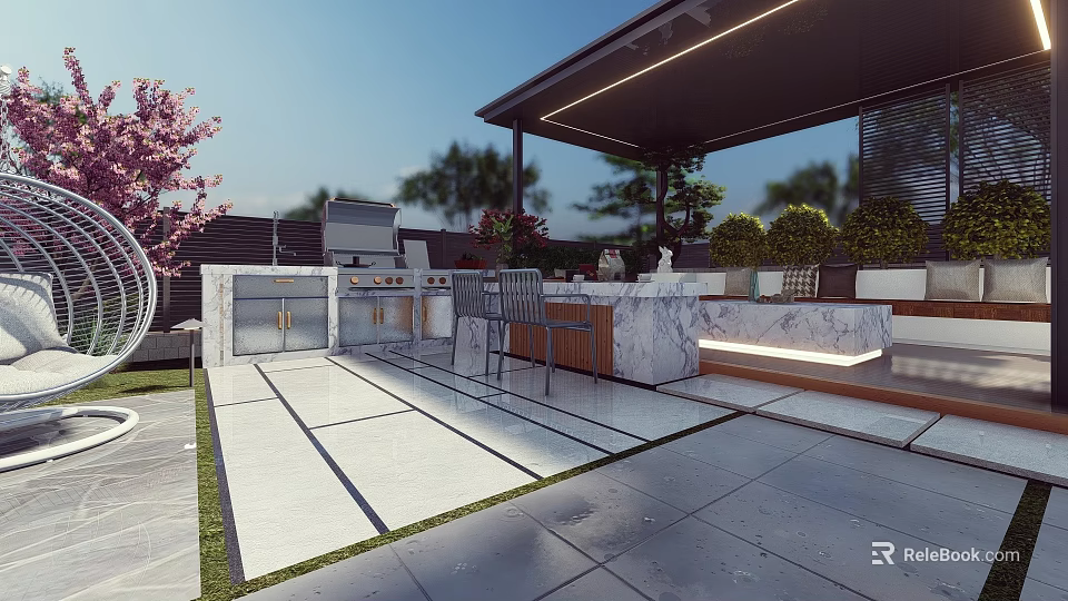 Modern Outdoor Garden Landscape With Patio Marble Counter Seating And Green Plants 3d model 