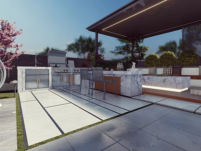 Modern Outdoor Garden Landscape With Patio Marble Counter Seating And Green Plants 3d model