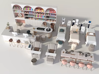 Modern Beauty Salon Interior With Hair Styling Stations Manicure Tables And Product Shelves 3d model