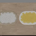 Stylish Oval Shaped Rugs With Scalloped Edges Light Gray Gold Dots And White Yellow Design For Home Decoration