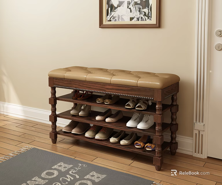 Wooden Entryway Shoe Rack with Upholstered Bench and Multiple Shelves for Shoe Storage 3d model 