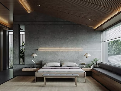 Modern Bedroom Interior Design With Concrete Walls Wooden Headboard And Bedside Lamps 3d model