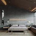 Modern Bedroom Interior Design With Concrete Walls Wooden Headboard And Bedside Lamps