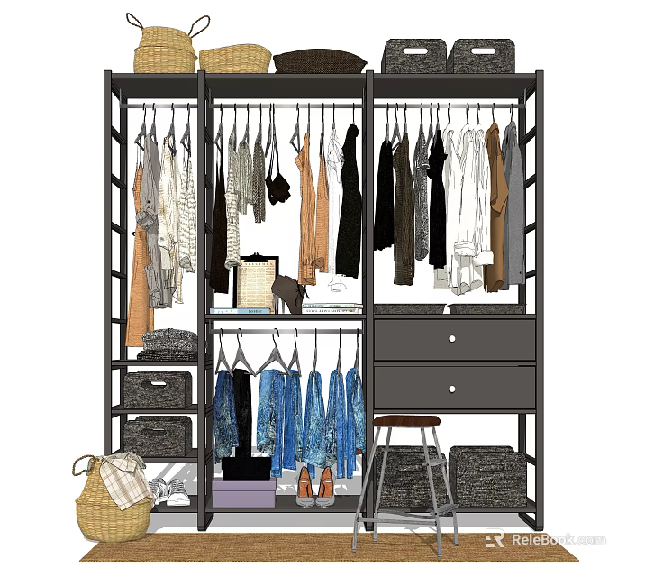 Practical Multi Tiered Hanging Clothes Rack With Storage Baskets Drawers And Shoes 3d model 