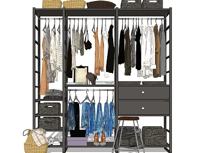 Practical Multi Tiered Hanging Clothes Rack With Storage Baskets Drawers And Shoes 3d model