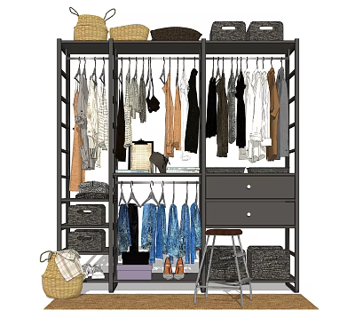 Practical Multi Tiered Hanging Clothes Rack With Storage Baskets Drawers And Shoes 3d model