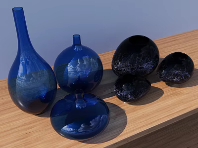 Elegant Glass Vases Blue And Black Different Shapes Placed On Wooden Shelf Home Decor 3d model