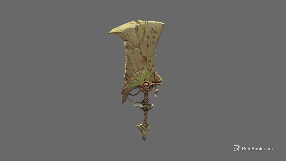 Mythical Stone Axe With Leaf Shaped Blade And Decorative Metal Handle 3d model 