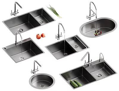 Stainless Steel Kitchen Sinks With Single Double Bowl Different Shapes And Faucet 3d model