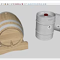 Wooden Barrel With Metal Hoops And Metal Keg With Red Cap On White Background