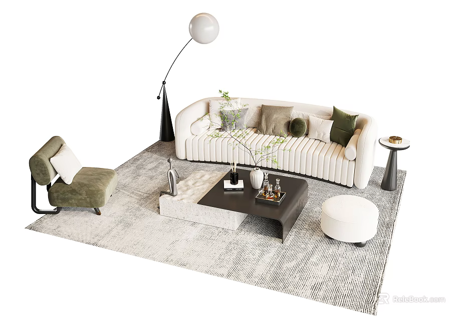 Modern Sofa And Coffee Table Set With Accent Chair Floor Lamp And Area Rug 3d model 