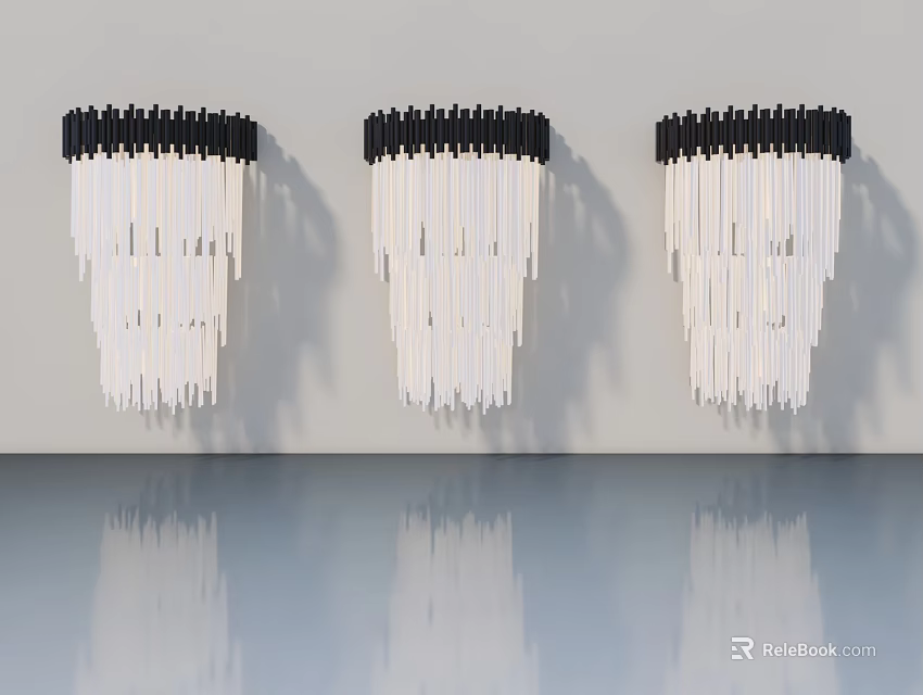 Three Modern Swing Doors Featuring White Vertical Panels And Black Frames On Reflective Surface 3d model