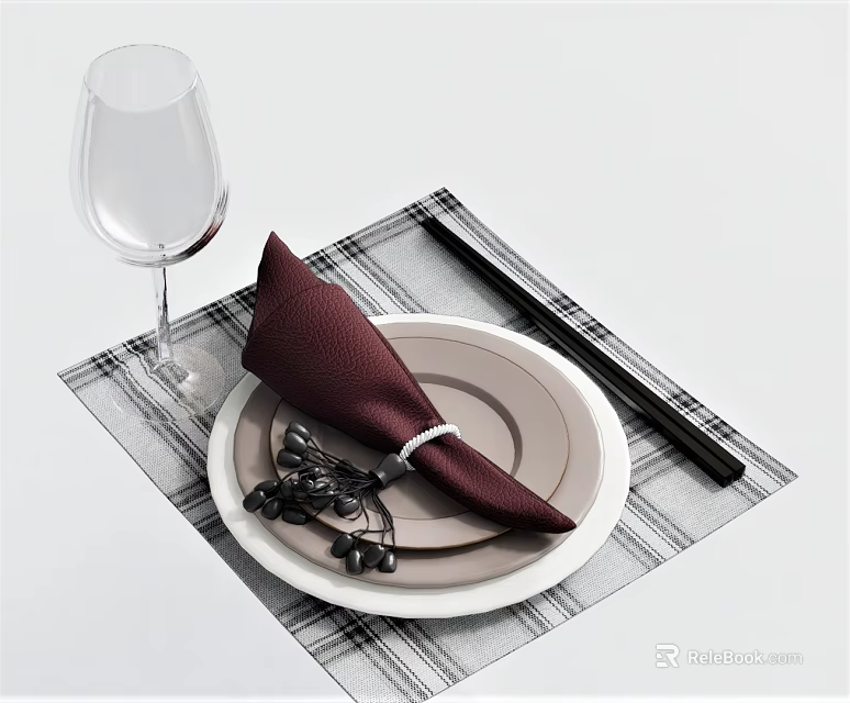 Elegant Tableware Set with Burgundy Napkin Plate Chopsticks Wine Glass Black Berries and Plaid Placemat 3d model 