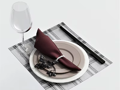 Elegant Tableware Set with Burgundy Napkin Plate Chopsticks Wine Glass Black Berries and Plaid Placemat 3d model