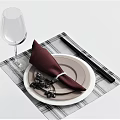 Elegant Tableware Set with Burgundy Napkin Plate Chopsticks Wine Glass Black Berries and Plaid Placemat