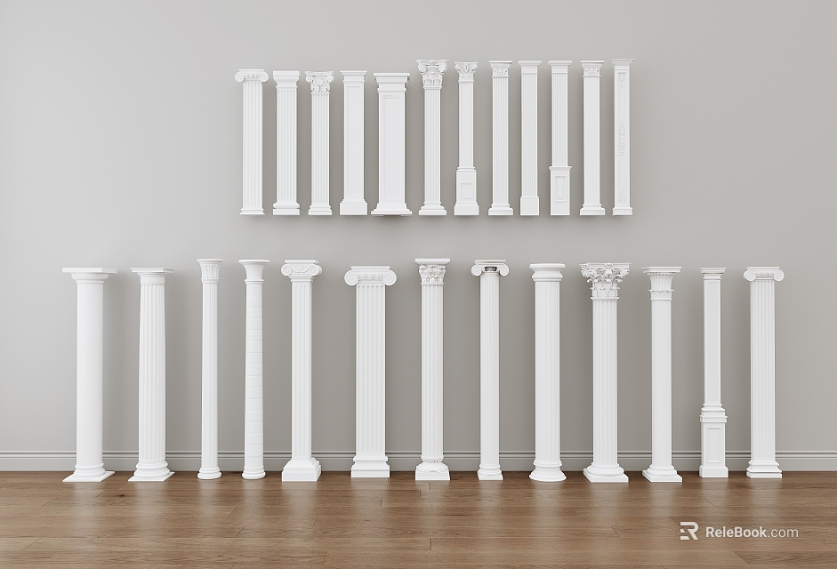 Various White Classical Columns With Different Designs Arranged Indoors On Wooden Floor 3d model 