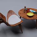Round Wooden Table With Two Chairs And Various Items On Top 3d model