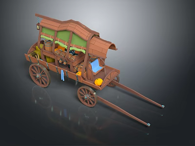Vintage Wooden Carriage With Canvas Canopy Wooden Wheels And Loaded Supplies 3d model