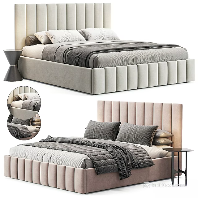 Elegant Double Bed With Vertical Tufted Velvet Headboard Gray Layered Bedspread And Decorative Pillows 3d model