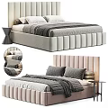 Elegant Double Bed With Vertical Tufted Velvet Headboard Gray Layered Bedspread And Decorative Pillows 3d model