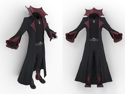 Men's Black Robe Outfit with Red Accents Collar Cuffs Belt and Boots Design 3d model