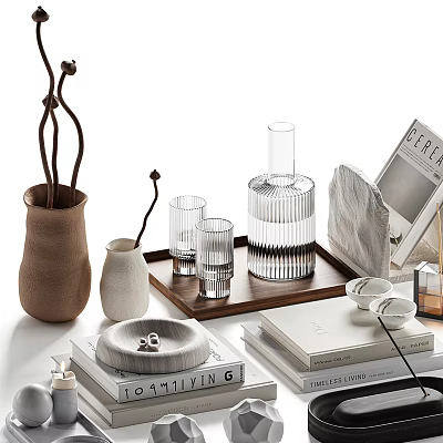 Decorative Ornaments Set With Vase Glass Cups Tray And Books 3d model