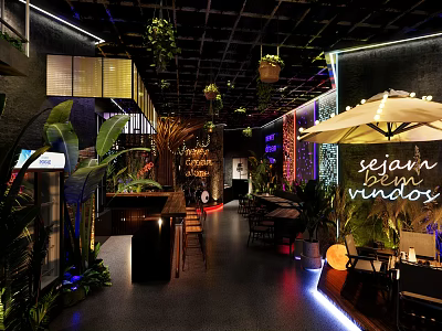Modern Bar Interior With Green Plants Neon Signs And Cozy Seating 3d model