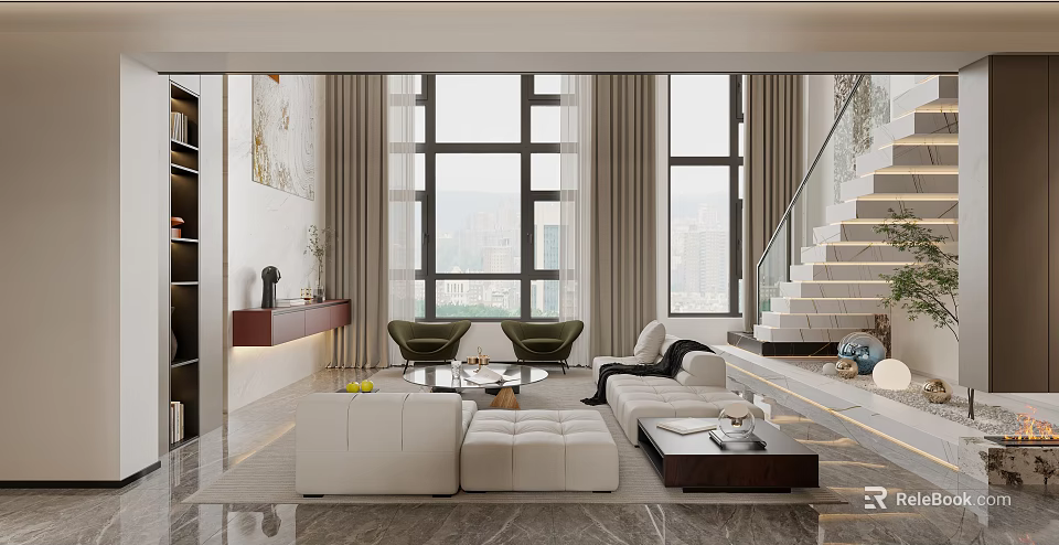 Modern Duplex Living Room with Large Windows City View Sofa And Staircase 3d model 