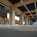 Modern Indoor Dining Space With Brick Wall Wooden Beams Large Screen And Comfortable Chairs