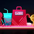 Colorful Shopping Scene With Bag Cart Ice Cream Lollipop Orange Slice And Drinks