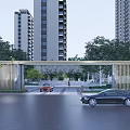 Modern Residential Landscape With Tall Buildings Lush Trees And Paved Walkway