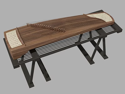Traditional Wooden Chinese Guzheng Musical Instrument With Strings On Black Stand Classical Design 3d model