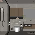 Modern Bathroom Interior Design With Glass Shower Enclosure Wooden Cabinets Large Mirror And Stone Countertop