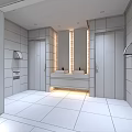 Modern Public Restroom With Gender Separated Sections Marble Sink Counter Mirrors Tiled Walls And Lighting