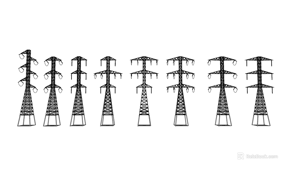 Row of Industrial Equipment Electricity Pylons with High Voltage Transmission Structure 3d model 