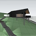 Modern Detached Villa With Sloped Roof Large Glass Windows Black Facade And Trees