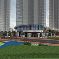 Modern Commercial Street With Brick Pavement Street Lamps String Lights And Wooden Benches