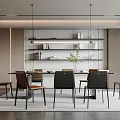Modern Luxury Restaurant Interior With Dining Table Chairs Pendant Lights Shelves And Marble Wall