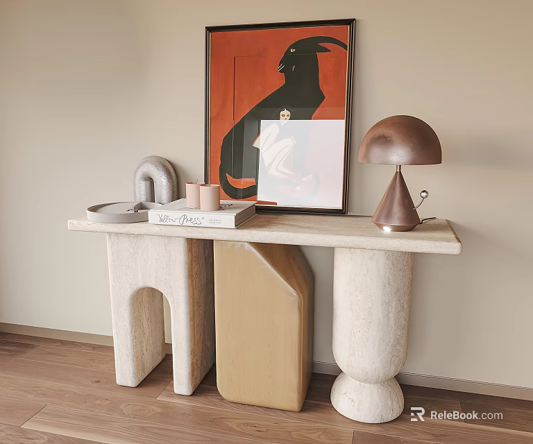 Minimalist Console Table Design With Artwork Copper Lamp And Decorative Objects 3d model
