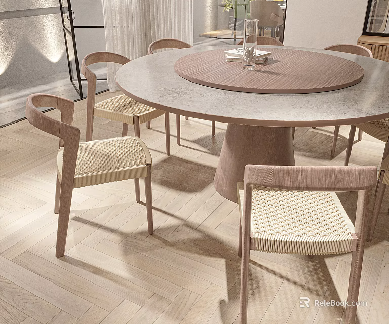 Modern Dining Room With Round Wooden Table And Woven Seat Chairs On Light Wooden Flooring 3d model 