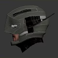 Futuristic Weapon Helmet With Metallic Shell Blue Glowing Eyes And Tactical Design