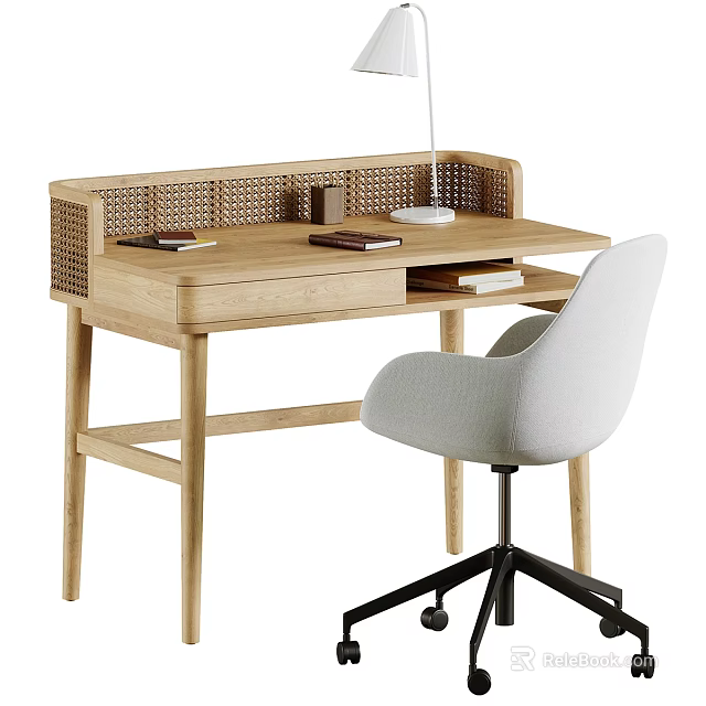 Modern Minimalist Wooden Desk With Woven Back Panel Books And White Upholstered Chair 3d model 