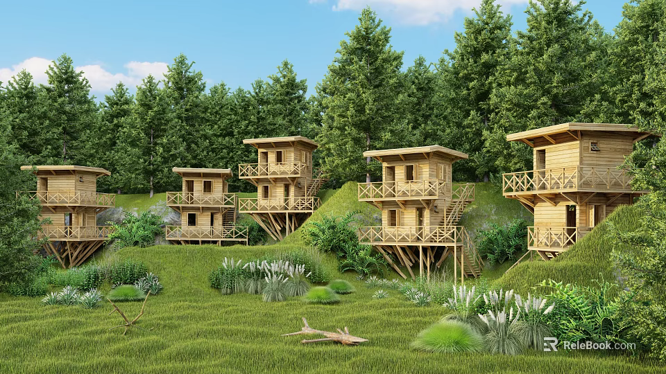 Wooden Cabins on Green Hillside Surrounded by Lush Forest with Elevated Decks 3d model 
