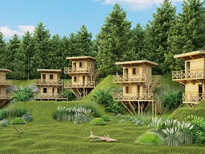 Wooden Cabins on Green Hillside Surrounded by Lush Forest with Elevated Decks 3d model