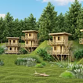 Wooden Cabins on Green Hillside Surrounded by Lush Forest with Elevated Decks