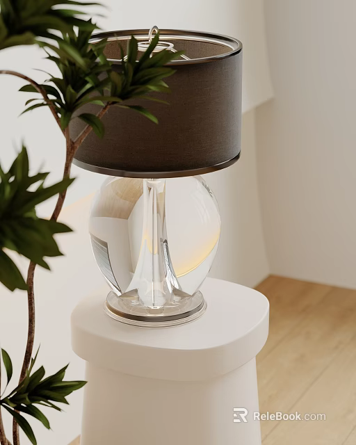 Table Lamp With Black Shade Transparent Glass Base On White Table With Green Plant Wooden Floor 3d model 